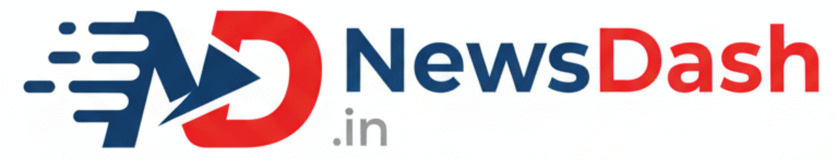 NewsDash.in logo: Abstract blue and red icon combining the letters N and D with dynamic speed lines, symbolizing fast news delivery.