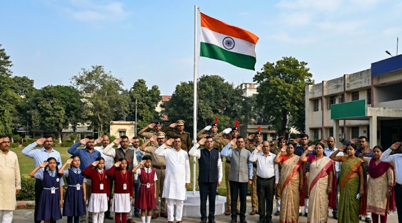 People singing National Anthem and saluting to flag